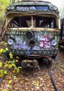 Abandoned trolley cars head on view on rails