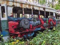 Abandoned trolley cars side on view with broken windows Royalty Free Stock Photo