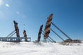 Abandoned troposphere station. Huge antennas of tropospheric communication on top of a mountain Royalty Free Stock Photo