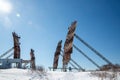 Abandoned troposphere station. Woman and huge tropospheric communication antennas. Royalty Free Stock Photo