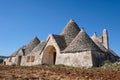 Abandoned Trulli house with multiple conical roofs located in a field in the area of Cisternino / Alberobello in Puglia, Italy