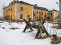 The abandoned two-storey house yellow colored