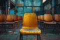 Abandoned urban scene with colorful chairs. Urban decay and city life concept Royalty Free Stock Photo