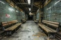 Abandoned Urban Subway Station Interior with Desolate Benches and Vintage Tiled Walls