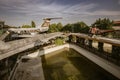 Abandoned and vandalized airplane at sunset