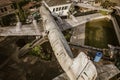 Abandoned and vandalized airplane at sunset