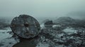 Abandoned Viking Shield on a Foggy Shoreline