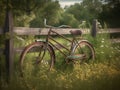 Abandoned Vintage Bicycle by a Rustic Fence Royalty Free Stock Photo