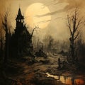 Abandoned vintage haunted house on hill on night with full moon. AI Royalty Free Stock Photo