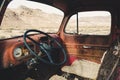 Abandoned vintage rusty pickup truck car from inside in Rhyolite, Death Valley National Park, California, USA Royalty Free Stock Photo