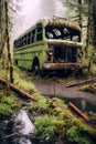 Abandoned vintage school bus rusting away in dense forest.
