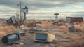 Abandoned vintage TVs and security cameras in a desolate landscape Royalty Free Stock Photo