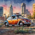 An abandoned VW Beetle with a city skyline in the background