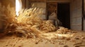 abandoned warehouse with wheat,grain on the floor spilling out of bags torn by rodents,food storage violation, Royalty Free Stock Photo