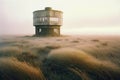 Abandoned water tower in the middle of a misty field