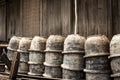 Abandoned pottery bowls stacked outside