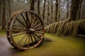 The abandoned wheel of a cart reclaimed by moss and rust Royalty Free Stock Photo