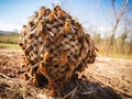 Abandoned wild wasp swarm beehive and a spider.