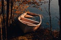 Abandoned wooden boat half full of water on a lake shore surrounded by golden autumn nature Royalty Free Stock Photo