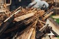 Abandoned wooden building, a ruin built of wood planks, destroyed, collapsed property Royalty Free Stock Photo