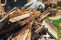 Abandoned wooden building, a ruin built of wood planks, destroyed, collapsed property Royalty Free Stock Photo