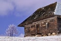 Abandoned wooden cottage in wintry view Royalty Free Stock Photo
