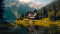 Abandoned house in beautiful green forest with a lake and mountains on background.AI generated Royalty Free Stock Photo