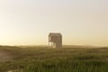 An abandoned wooden house stands on a field. 3d render