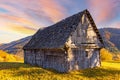 Abandoned wooden house surrounded by bare trees in highland Royalty Free Stock Photo