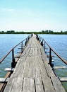 Abandoned wooden long bridge over the lake