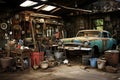 An abandoned workshop with tools scattered about and a vintage car from a bygone era left to the elements Royalty Free Stock Photo