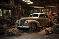 An abandoned workshop with tools strewn about and a vintage car from a bygone era left to weather the passage of time Royalty Free Stock Photo