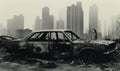 Abandoned, wrecked car in a city. AI generative