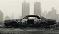 Abandoned, wrecked car in a city. AI generative