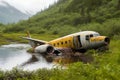 Abandoned Yellow Airplane in Shallow Water Surrounded by Forest - AI Generative