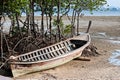 Abandonned Long tail boat in Railay Beach Thailand Royalty Free Stock Photo