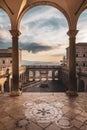 Abbey of Montecassino, seen from the main staircase. Benedictine monastery. Arch and panoramic terrace.