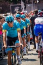 Abbiategrasso, Italy May 24, 2018: Professional Cyclist in transfer from the bus to the podium signatures