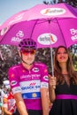 Abbiategrasso, Italy May 24, 2018: The purple jersey Elia Viviani, in first line, before the start