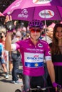 Abbiategrasso, Italy May 24, 2018: The purple jersey Elia Viviani, in first line, before the start
