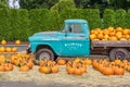 ABBOTSFORD, CANADA - September 07, 2019: Fresh pumpkins on a farm near very old truck Willow View Farms
