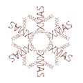 Abbreviated word Christmas in a circle in the shape of a snowflake made from photos of Christmas toys and candies.