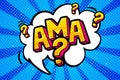 Abbreviation ama Ask me anything in retro comic speech bubble on blue background in pop art. Royalty Free Stock Photo