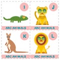 ABC alphabet for kids. Set of funny lion kangaroo iguana jaguar cartoon animals character. Cards for the game. Zoo isolated on whi Royalty Free Stock Photo