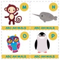 ABC alphabet for kids. Set of funny narwhal owl monkey penguin cartoon animals character. Cards for the game. Zoo isolated on whit