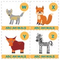 ABC Alphabet For Kids. Set Of Funny Wolf Yak Fox Zebra Cartoon Animals Character. Cards For The Game. Zoo Isolated On White Backgr