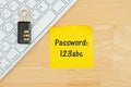 123abc bad password with lock on a keyboard with a sticky note Royalty Free Stock Photo