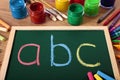 ABC basic reading and writing, blackboard, school desk Royalty Free Stock Photo