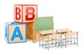ABC cubes with blackboard and school desks. 3D rendering Royalty Free Stock Photo