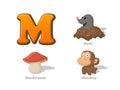 ABC letter M funny kid icons set: mole, mushroom, monkey. Alph Royalty Free Stock Photo